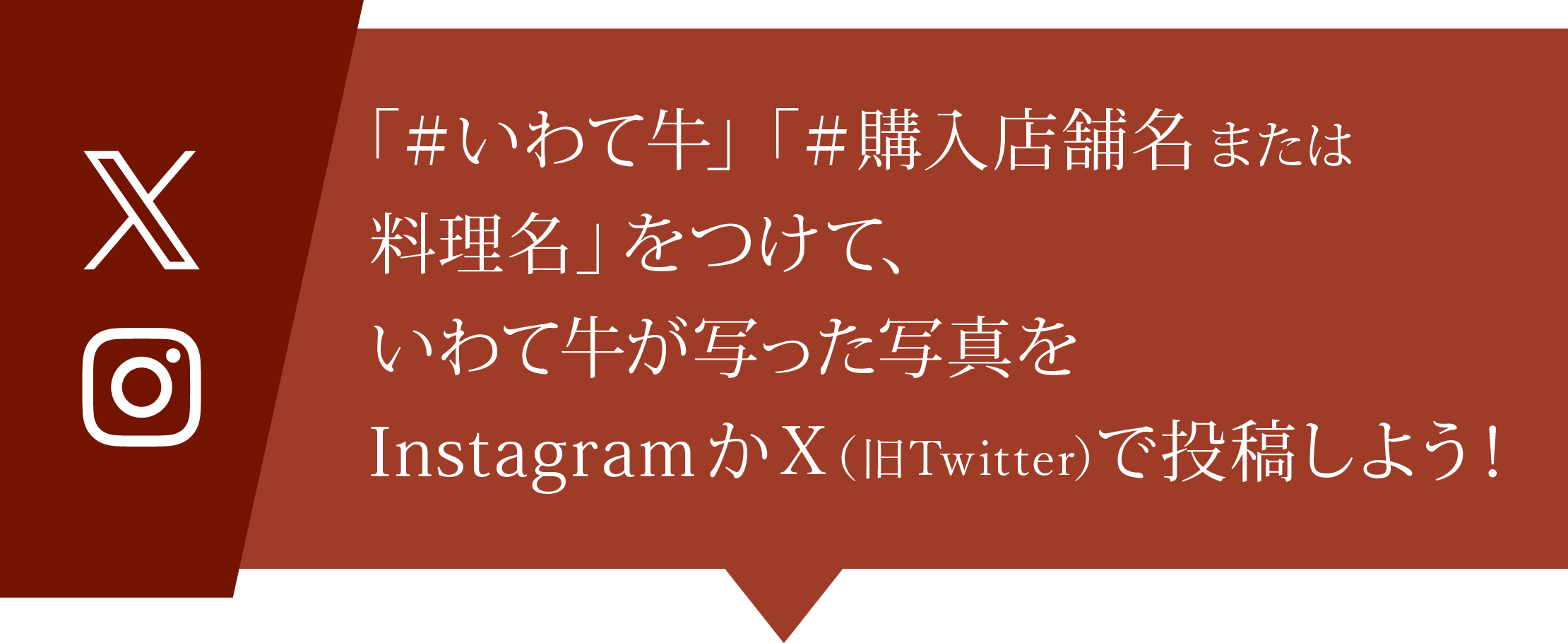 「＃いわて牛」「#購入店舗名または料理名」をつけて、いわて牛が写った写真をInstagramかX（旧Twitter）で投稿しよう！